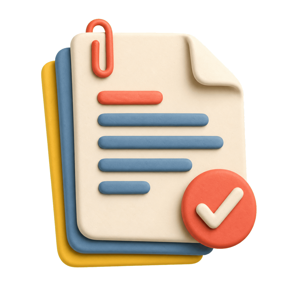Clay-style 3D document stack with a paperclip and completion mark.