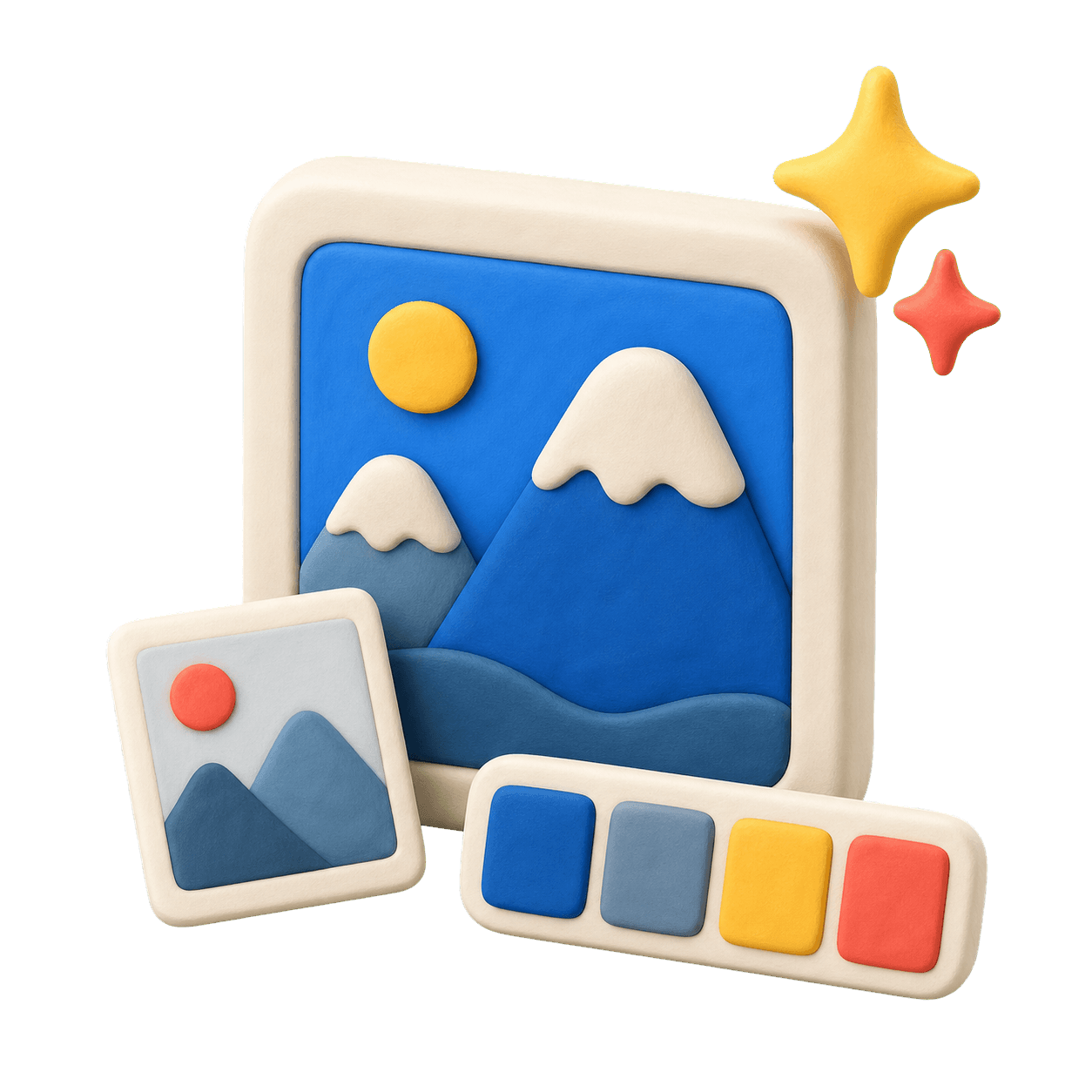 Clay-style 3D image canvas, picture card, and color palette.