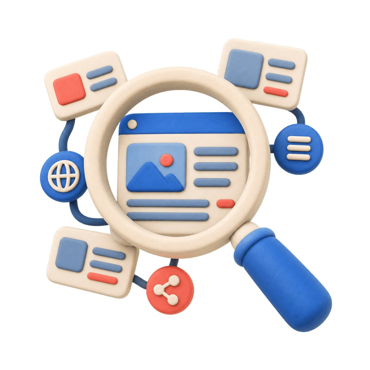Clay-style 3D magnifying glass examining web pages and source markers.
