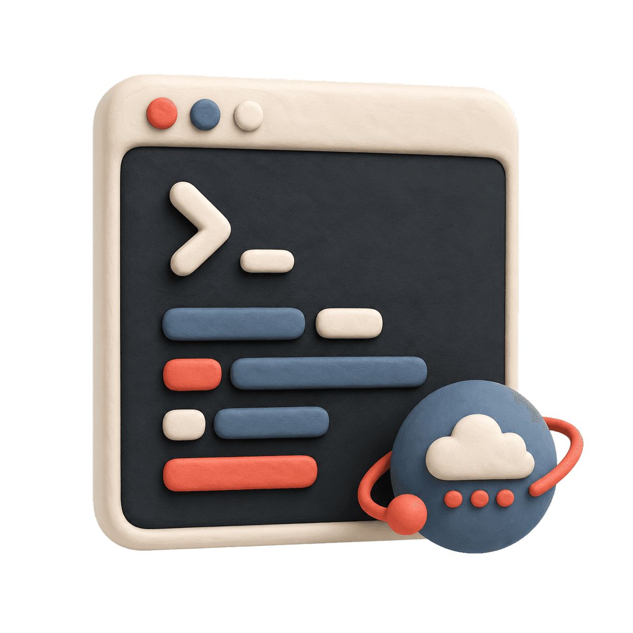 Clay-style 3D terminal window showing a command running in the cloud.