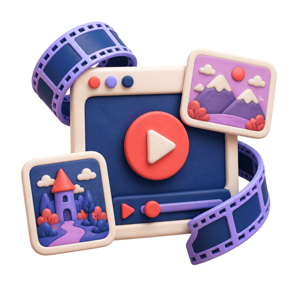 Clay-style 3D video player, film strip, and generated scene thumbnails.