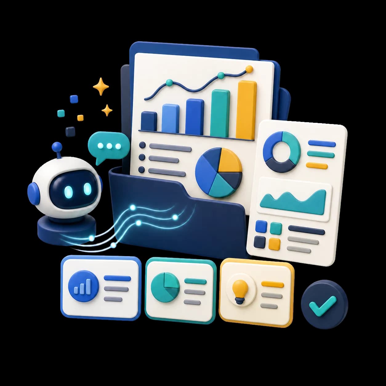 Colorful 3D illustration of a business report with bar charts, trend lines, insight cards, and an AI assistant