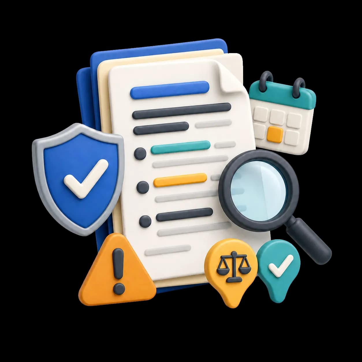 Colorful 3D illustration of contract pages with a shield, magnifying glass, calendar, warning, and approval markers