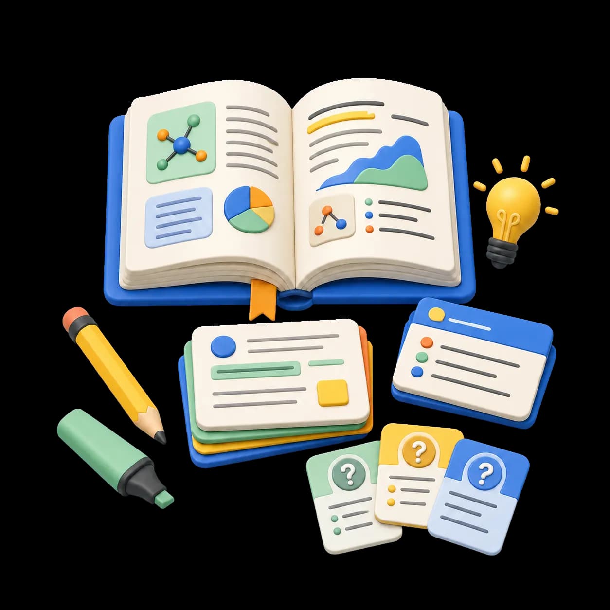 Colorful 3D illustration of an open textbook with diagrams, study cards, a pencil, highlighter, and lightbulb