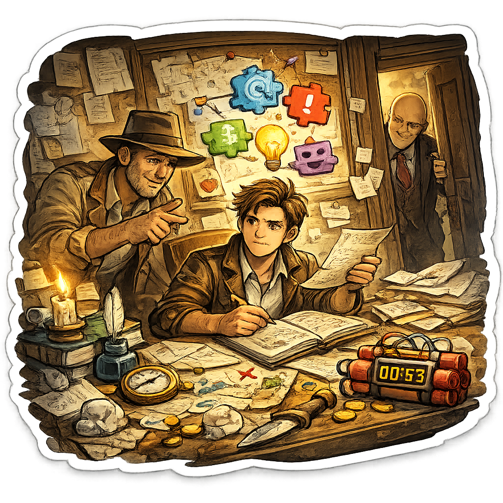 Hand-drawn detective-style story room where a writer develops a protagonist, mentor, hidden antagonist, clue board, conflict icons, and timed plot pressure.