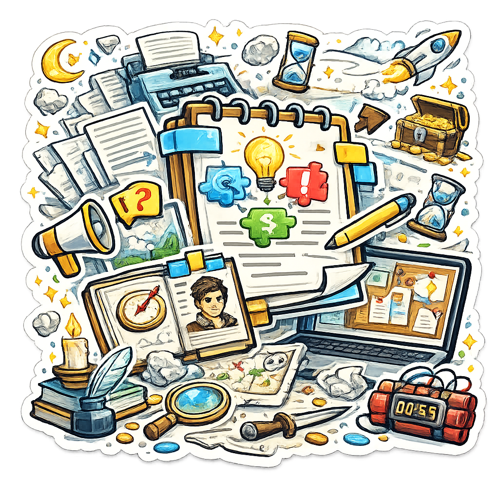 Hand-drawn AI story planning board with a notebook, typewriter, plot puzzle pieces, character card, map, rocket, timer, and treasure chest for turning an idea into a story brief.