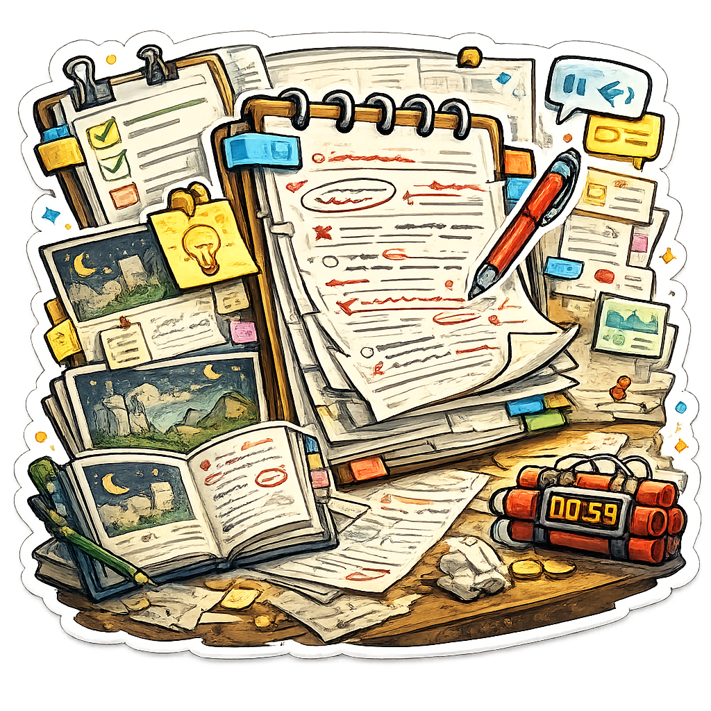 Hand-drawn revision desk with marked manuscript pages, storyboard panels, comments, checklists, and a timer for refining scenes and image prompts.