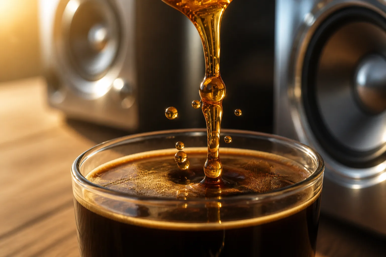 Waveform feeding into a microphone, with liquid pouring into a glass on the right rendered with real physics.