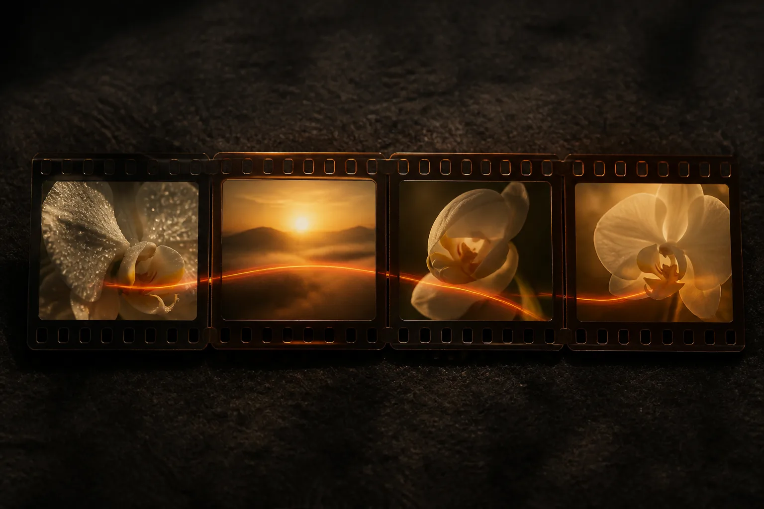Four interlocked film frames stitched by a warm thread, ending at a 30-second timer card.