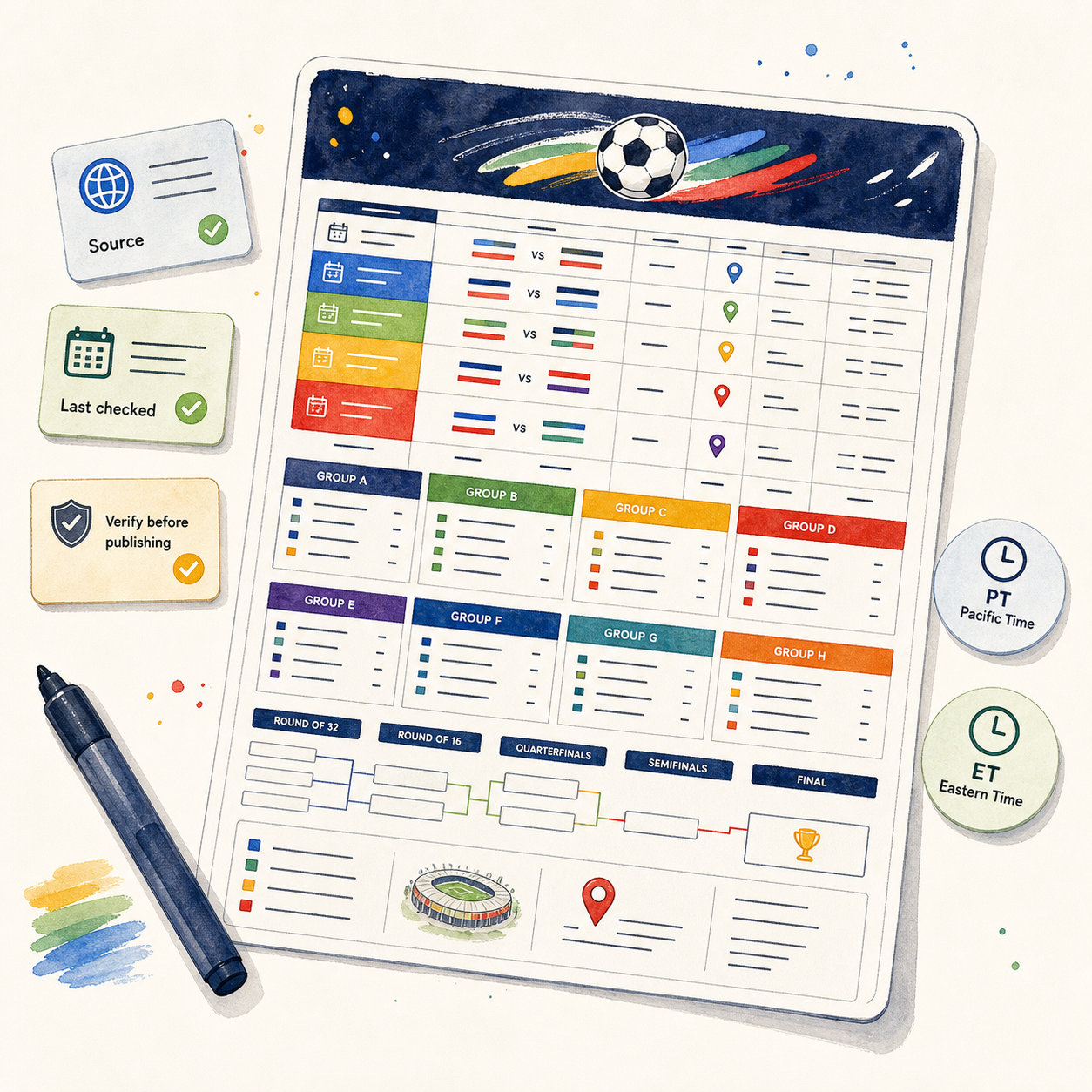 Editable World Cup bracket chart with placeholder teams and update slots.